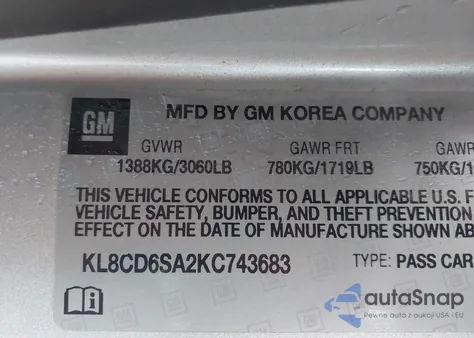 2019 Chevrolet Spark 1Lt Cvt z USA, uszkodzony, nr VIN KL8CD6SA2KC743683